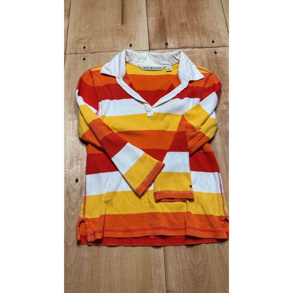 Tommy Hilfiger Womens Striped Rugby Polo Shirt Orange‎ Yellow Red Long Sleeve M